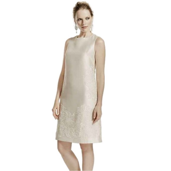 Galina NWT Mikado Ivory Lace Sequin Knee Length Bridal Rehearsal Dress - Picture 1 of 9